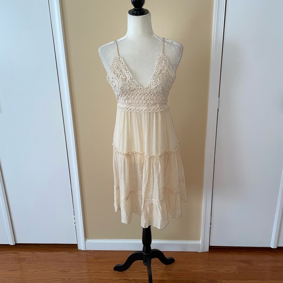 Beige Crochet Top Backless Mini Beach Coverup Dress - Picture 4 of 11